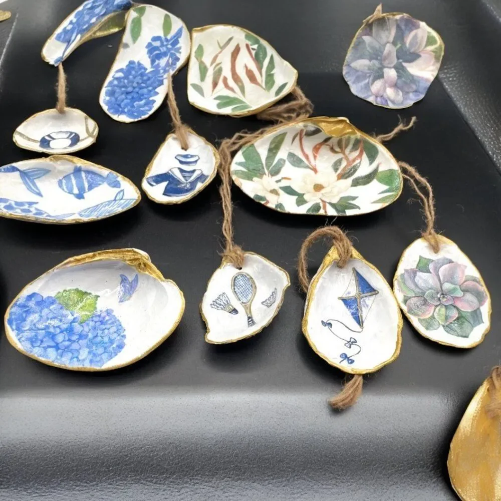 Decoupage Oyster Shell Ornament Decoupage Trinket Dish BLUE KITE